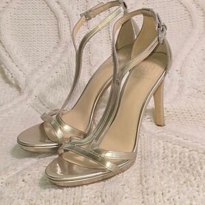 Tory Burch Stiletto Sandals Metallic Champagne Gold T-Strap Heels Womens 5.5